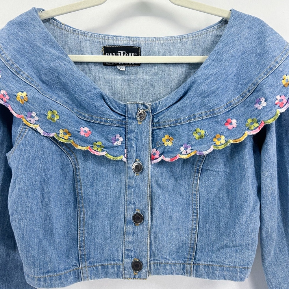 Vintage Switch Denim Floral Embroidered Peter Pan Collar Crop Top Large - Picture 3 of 5